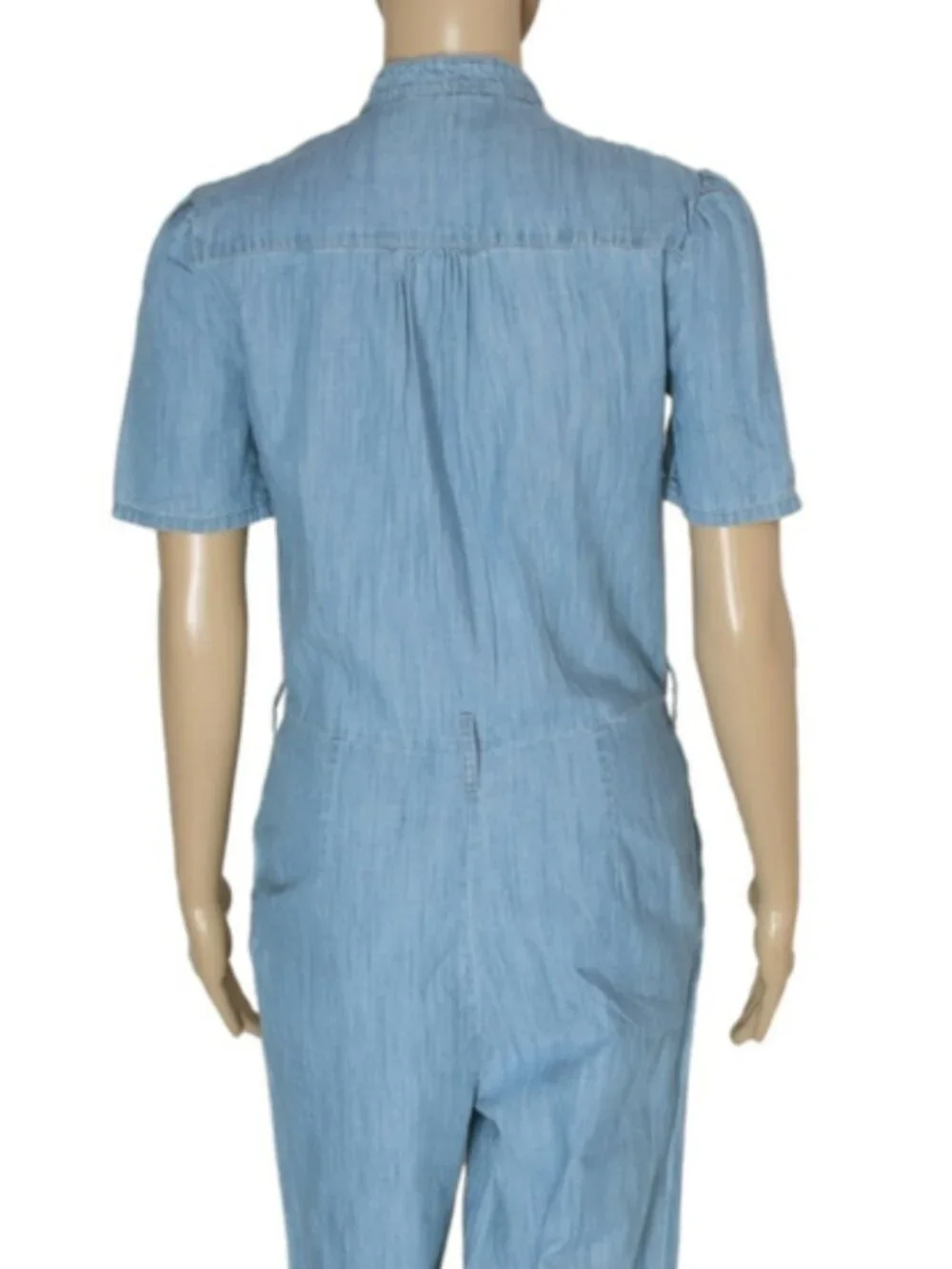 Cyrillus Chambray Jumpsuit Blue Button Short Sleeve Pocket Straight Leg XS 34